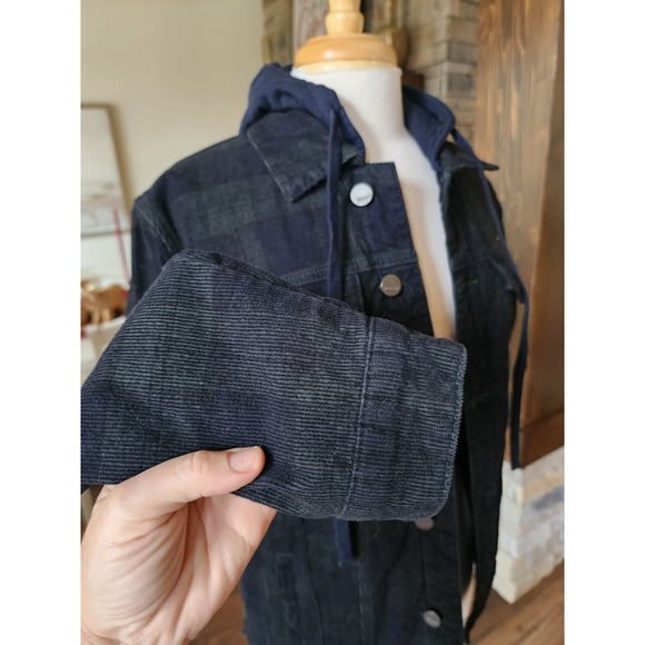 DEAR JOHN Anthropology Womens Corduroy Plaid‎ Jacket Blue Green Hooded Size S - Picture 4 of 9